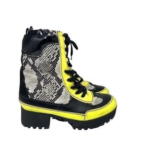 Bamboo Black Yellow Faux Snakeskin Combat Platform Boots